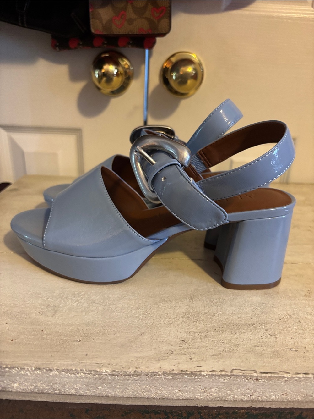 Aerosoles “Camera” Sky Blue Platform Block Heel Sandals with Silver Buckle